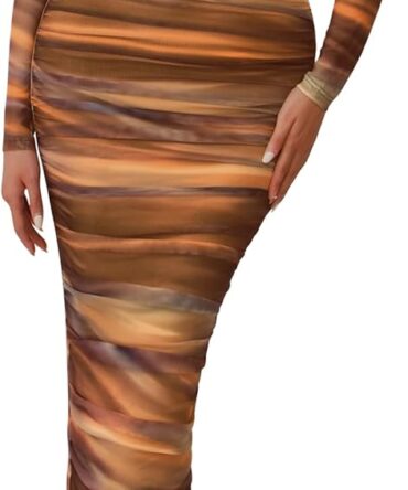 Womens Long Sleeve Maxi Dresses 2026 Spring Ruched Bodycon Floral Mesh Formal Wedding Guest Cocktail Party Dress