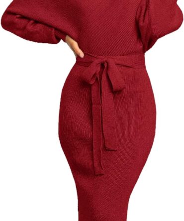 Women's Long Maxi Sweater Dresses Sexy Wrap Batwing V Neck Slit Open Back Holiday Bodycon Dress with Belt