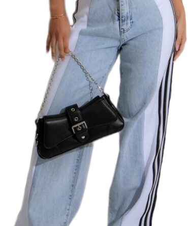 Women’s Jeans with Patchwork Stripes High Waist Loose Denim Color Block Jean Straight Wide Leg Pants