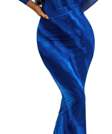 Women's Bodycon Maxi Dress Fall Spring Fashion Long Sleeve Floral Print Tight Fitted Party Club Ruched Dresses