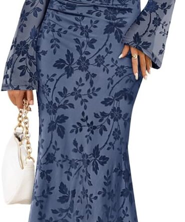 Women's Long Sleeve Floral Bodycon Dress 2026 Spring Fall Ruched Mesh Wedding Guest Cocktail Party Maxi Dresses
