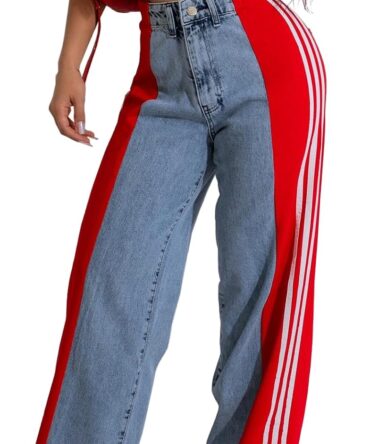 Women’s Jeans with Patchwork Stripes High Waist Loose Denim Color Block Jean Straight Wide Leg Pants