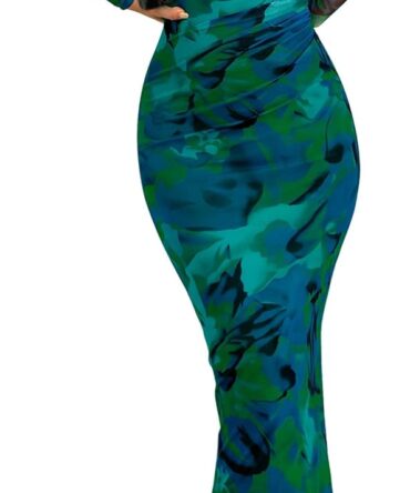 Women's Bodycon Maxi Dress Fall Spring Fashion Long Sleeve Floral Print Tight Fitted Party Club Ruched Dresses