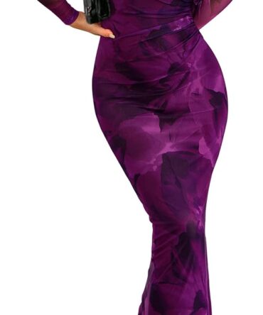 Women's Bodycon Maxi Dress Fall Spring Fashion Long Sleeve Floral Print Tight Fitted Party Club Ruched Dresses