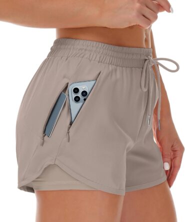 Women's Running Shorts with Liner 3 Zipper Pockets Elastic Workout Athletic Gym Yoga Shorts