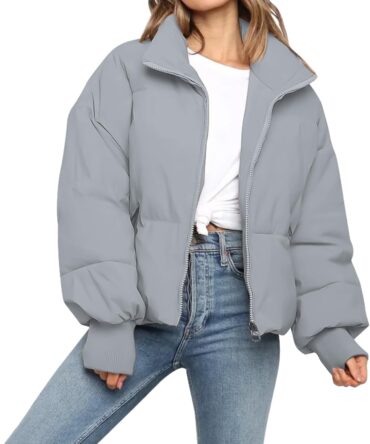 Women’s Winter Cropped Puffer Jacket Coat Casual Quilted Baggy Long Sleeve Zip Down Jackets Outerwear