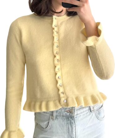 Womens Cropped Cardigan Sweaters Ruffle Crewneck Button Down Cardigans 2026