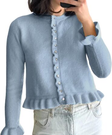Womens Cropped Cardigan Sweaters Ruffle Crewneck Button Down Cardigans 2026