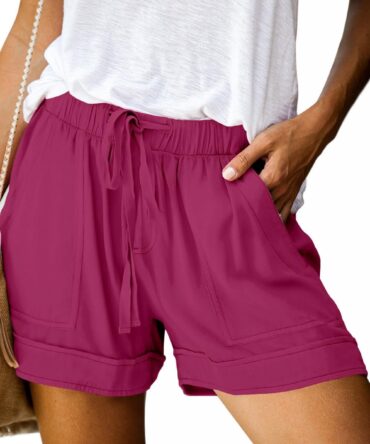 Womens Casual Shorts Comfy Elastic Waist Drawstring Pocket Shorts Pants