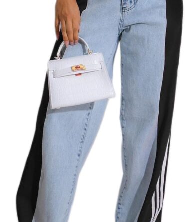 Women’s Jeans with Patchwork Stripes High Waist Loose Denim Color Block Jean Straight Wide Leg Pants