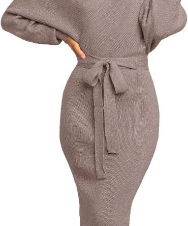 Women's Long Maxi Sweater Dresses Sexy Wrap Batwing V Neck Slit Open Back Holiday Bodycon Dress with Belt