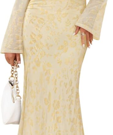 Women's Long Sleeve Floral Bodycon Dress 2026 Spring Fall Ruched Mesh Wedding Guest Cocktail Party Maxi Dresses