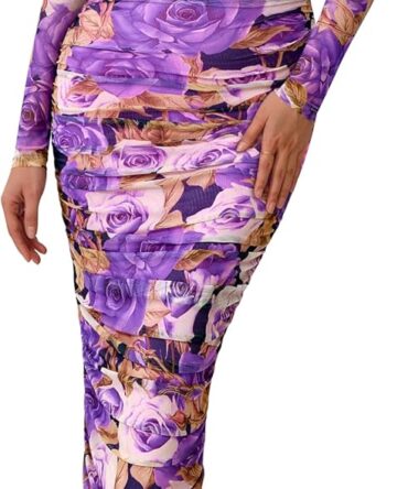 Womens Long Sleeve Maxi Dresses 2026 Spring Ruched Bodycon Floral Mesh Formal Wedding Guest Cocktail Party Dress