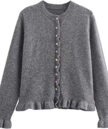 Women’s Cropped Cardigan Sweater Trendy Crewneck Ruffle Long Sleeve Button Down Knitwear Tops