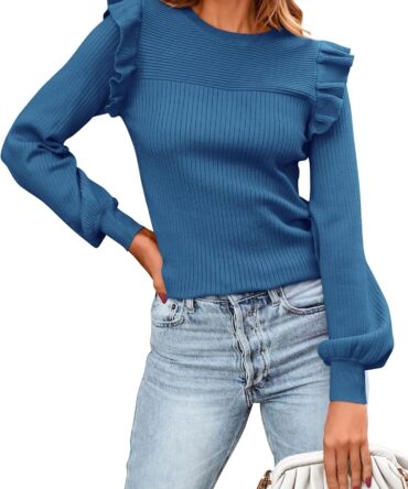 Women's Ruffle Long Sleeve Sweaters Crew Neck Lightweight Sweater 2026 Fall Trendy Ribbed Knit Pullover Tops