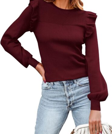 Women's Ruffle Long Sleeve Sweaters Crew Neck Lightweight Sweater 2026 Fall Trendy Ribbed Knit Pullover Tops