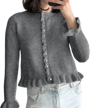 Womens Cropped Cardigan Sweaters Ruffle Crewneck Button Down Cardigans 2026