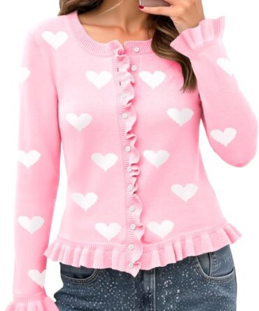 Womens Ruffle Cardigan Sweaters Button Up Crew Neck Long Sleeve Cropped Sweater Cute Soft Knit Tops