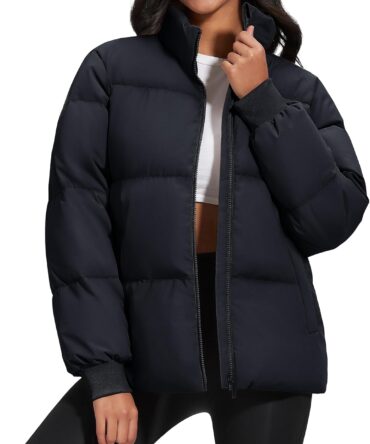 Women's Winter Down Puffer Jackets Stand Collar Zip Up Water Resistant Warm Padded Quilted Coat with Pockets