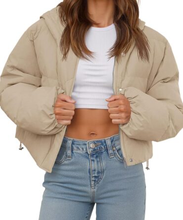 Women's Cropped Puffer Jacket Casual Winter Hoodie Baggy Short Down Coats with Pockets