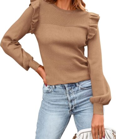 Women's Ruffle Long Sleeve Sweaters Crew Neck Lightweight Sweater 2026 Fall Trendy Ribbed Knit Pullover Tops