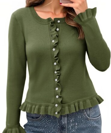 Womens Ruffle Cardigan Sweaters Button Up Crew Neck Long Sleeve Cropped Sweater Cute Soft Knit Tops