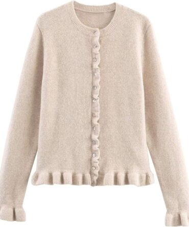 Women’s Cropped Cardigan Sweater Trendy Crewneck Ruffle Long Sleeve Button Down Knitwear Tops
