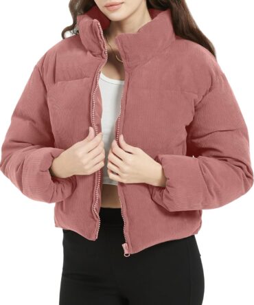 Womens Cropped Corduroy Puffer Jacket Winter Jackets Warm Long Sleeve Zip Quilted Down Puffer coat