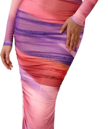 Womens Long Sleeve Maxi Dresses 2026 Spring Ruched Bodycon Floral Mesh Formal Wedding Guest Cocktail Party Dress