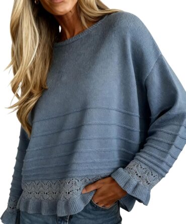 Womens Pullover Sweater Round Neck Ruffled Hem Knit Crochet Long Sleeve Winter Spring Casual Top Outfits