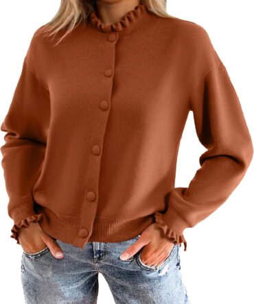Short Knit Fall Cardigan Sweaters Cute Ruffle Mock Neck Long Sleeve Button Down Open Front Cardigans Trendy Outfits
