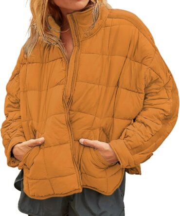 Women Packable Puffer Jacket Long Sleeve Full Zip Lightweight Quilted Coat