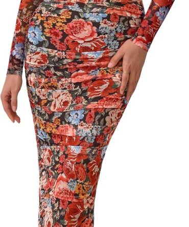 Womens Long Sleeve Maxi Dresses 2026 Spring Ruched Bodycon Floral Mesh Formal Wedding Guest Cocktail Party Dress