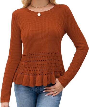 Womens Long Sleeve Cropped Crochet Sweaters Peplum Sweater Cute Crewneck Knit Pullover Tops Fall Outfits