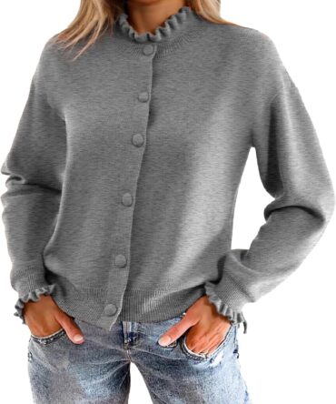 Short Knit Fall Cardigan Sweaters Cute Ruffle Mock Neck Long Sleeve Button Down Open Front Cardigans Trendy Outfits
