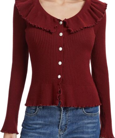Women Cardigan Sweater Fall Pearl Button Down Ruffle Cardigans Knit Open Front Cropped Sweaters Long Sleeve Tops